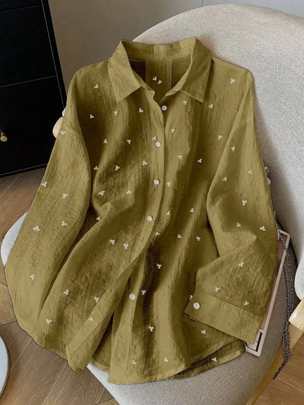 Olive Green Casual Women's Loose Thin Backless Tie-Up Long Sleeve Shirt